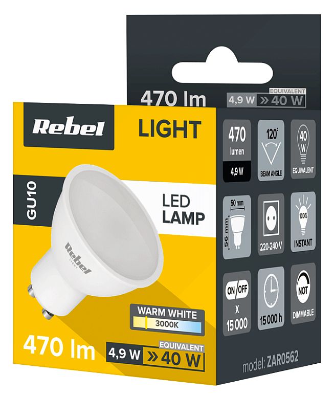 Żarówka LED Rebel, GU10 4,9W 3000K, 230V box