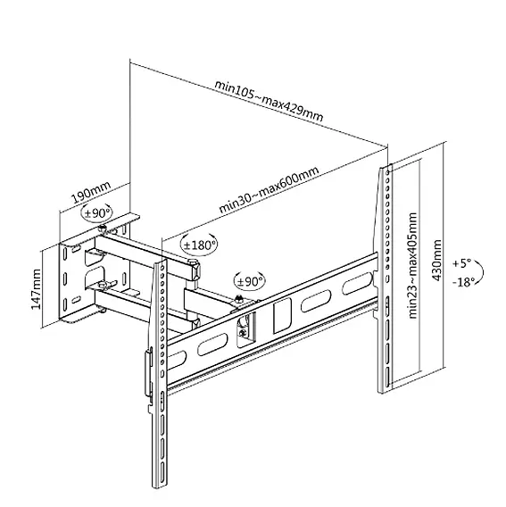  Uchwyt do ściany 37-70 cali + wysięgnik UCH0199-1 rozmiary
